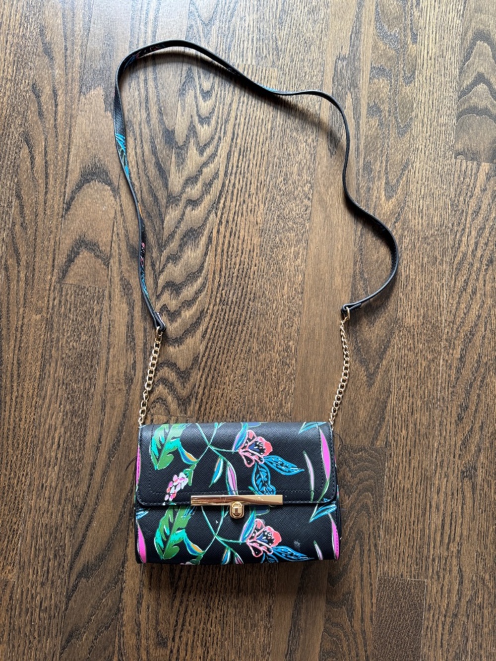 a new day Black Floral Crossbody with Gold Chain